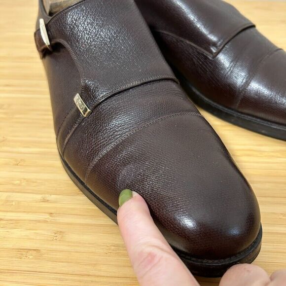 Gucci Double Monk Strap Mens Dress Shoes 9.5 Brown Pebbled Leather - Picture 11 of 15